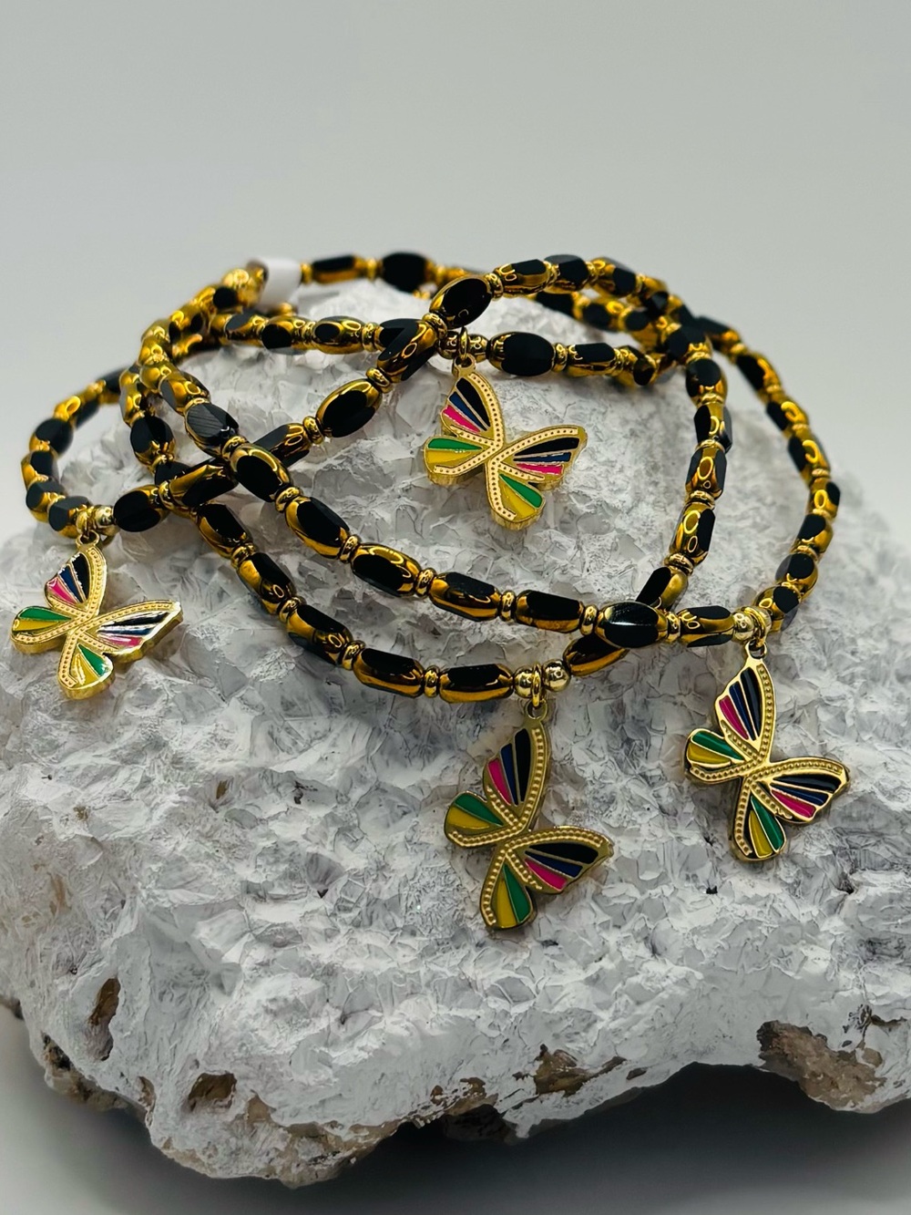 *ANKLET* Rainbow Butterfly with Black Glass Stretchy Anklet